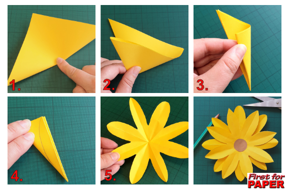 Step by step images for simple 8 petal paper craft tutorial